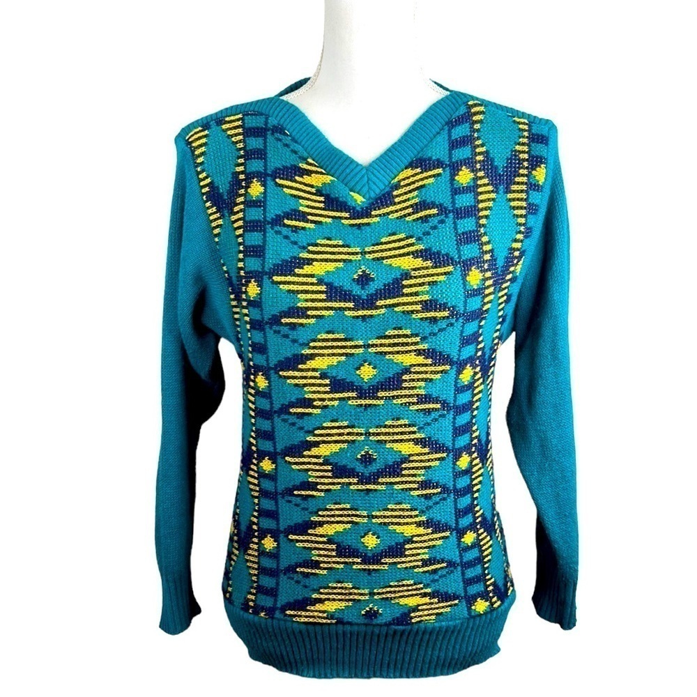 Aileen Vintage Turquoise Knitted V-Neck‎ Long Sleeve Grandpa Sweater Size Small